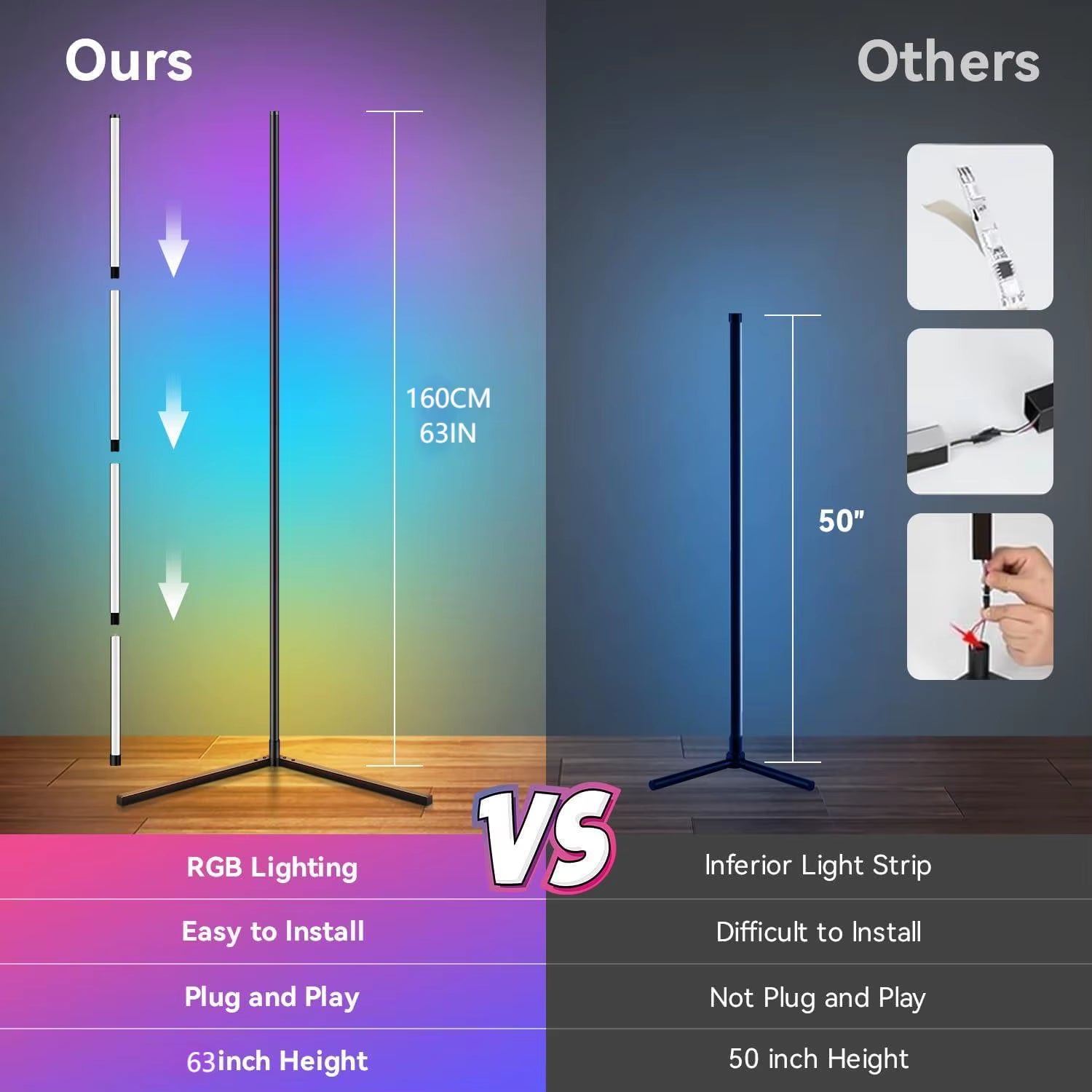 2PC/1PC LED Floor Lamp, 160CM/63IN RGB Corner Lamp Works with App/Remote Control, Smart Corner Light with 16 Million DIY Colors,